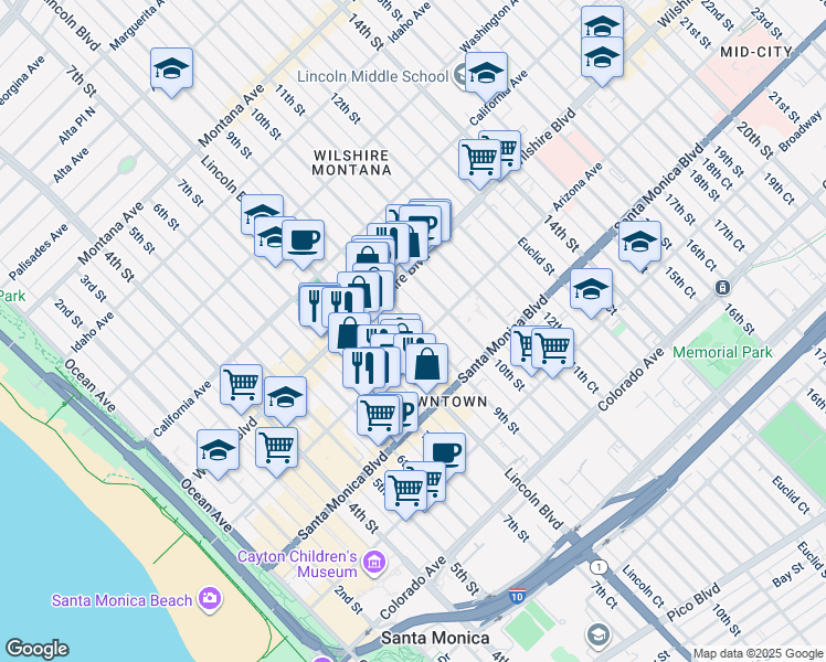 map of restaurants, bars, coffee shops, grocery stores, and more near 1254 9th Street in Santa Monica