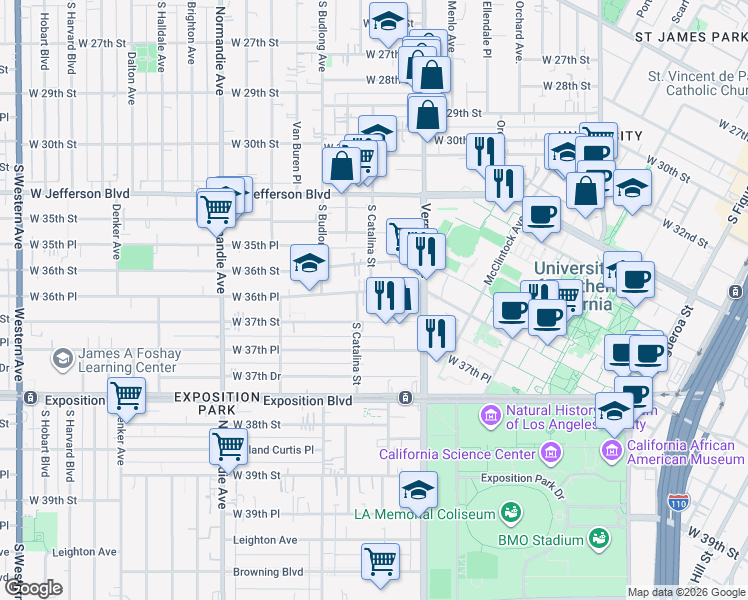 map of restaurants, bars, coffee shops, grocery stores, and more near 1168 West 36th Place in Los Angeles