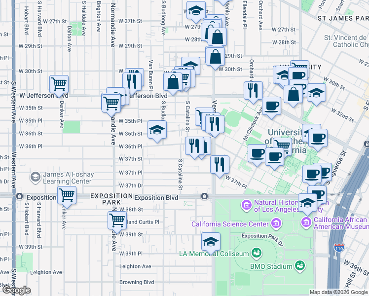 map of restaurants, bars, coffee shops, grocery stores, and more near in Los Angeles