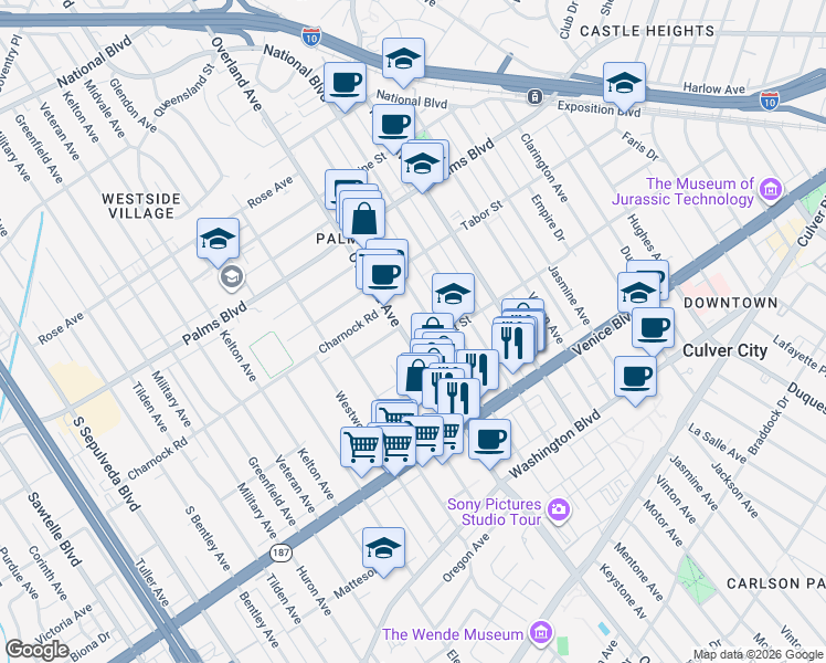 map of restaurants, bars, coffee shops, grocery stores, and more near 3688 Overland Avenue in Los Angeles