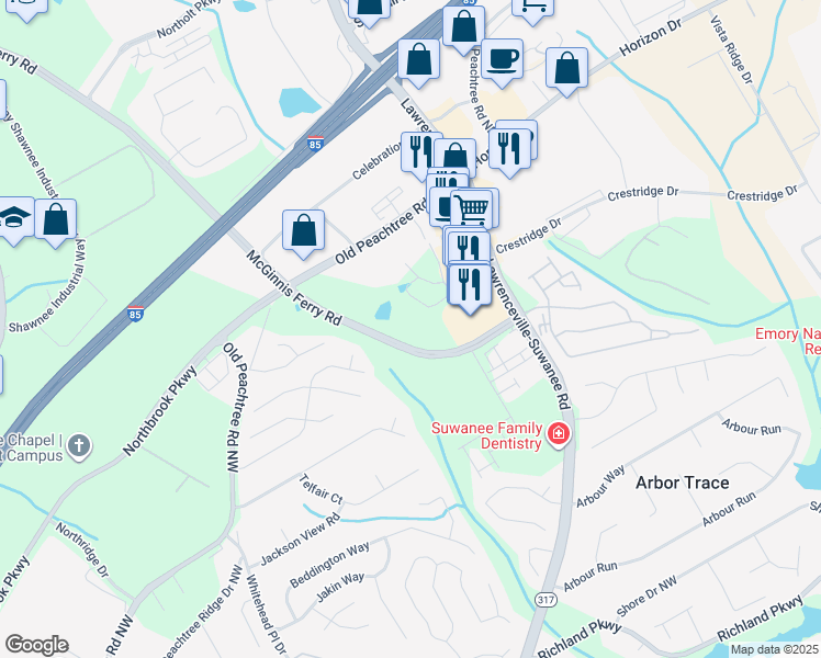map of restaurants, bars, coffee shops, grocery stores, and more near 2730 McGinnis Ferry Road in Suwanee