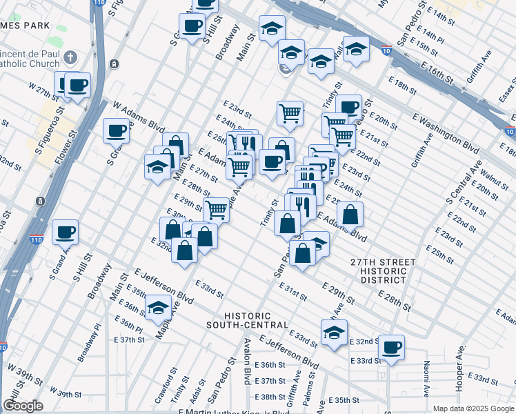 map of restaurants, bars, coffee shops, grocery stores, and more near 456 East 27th Street in Los Angeles