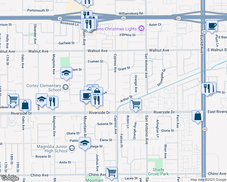 map of restaurants, bars, coffee shops, grocery stores, and more near 12766 Cypress Avenue in Chino