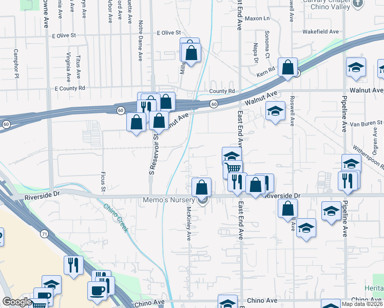 map of restaurants, bars, coffee shops, grocery stores, and more near 12737 McKinley Avenue in Chino