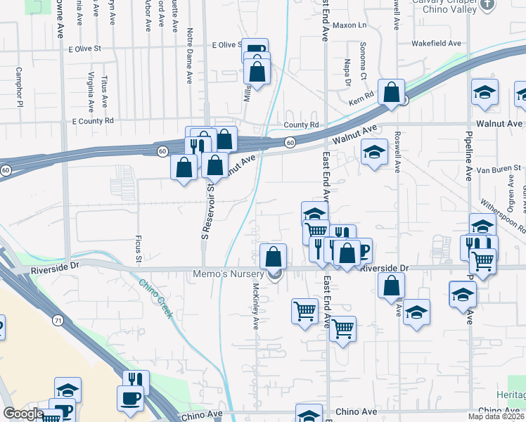 map of restaurants, bars, coffee shops, grocery stores, and more near 12737 McKinley Avenue in Chino