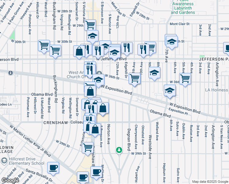 map of restaurants, bars, coffee shops, grocery stores, and more near 3307 West Exposition Place in Los Angeles