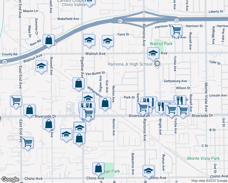 map of restaurants, bars, coffee shops, grocery stores, and more near Norton Avenue in Chino