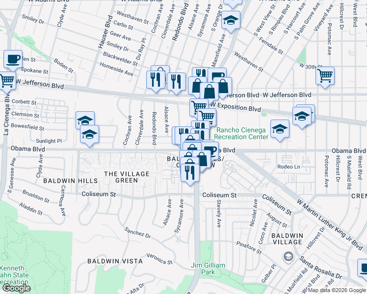 map of restaurants, bars, coffee shops, grocery stores, and more near 5121 Village Green in Los Angeles