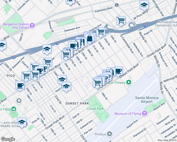 map of restaurants, bars, coffee shops, grocery stores, and more near 2417 28th Street in Santa Monica