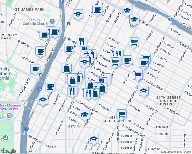 map of restaurants, bars, coffee shops, grocery stores, and more near 204 East 29th Street in Los Angeles