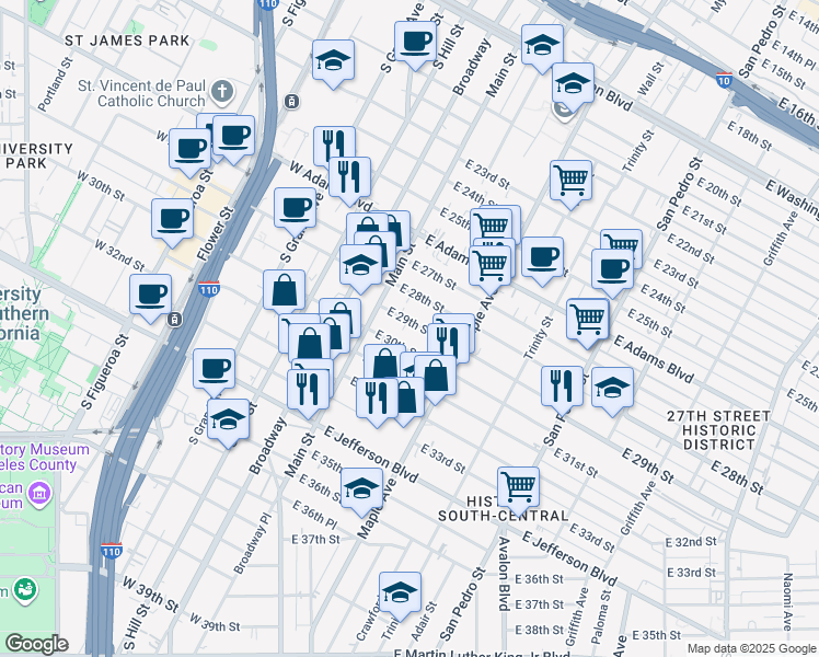 map of restaurants, bars, coffee shops, grocery stores, and more near 204 East 29th Street in Los Angeles