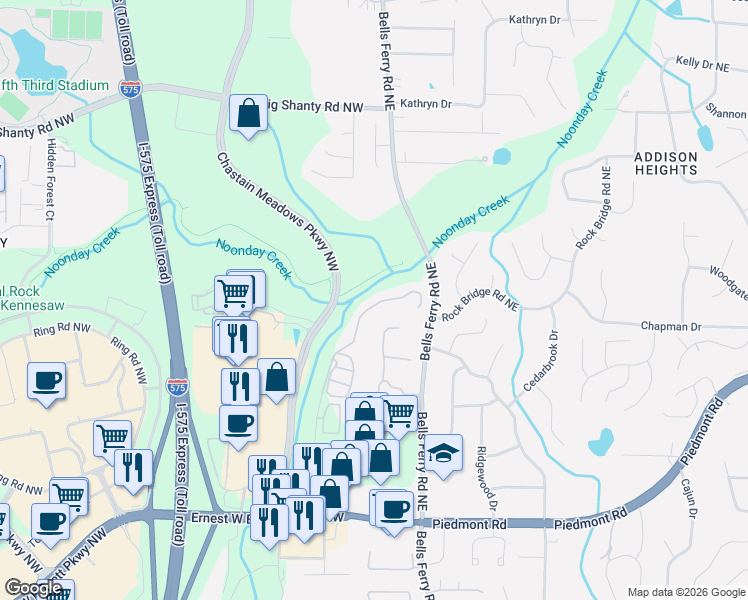 map of restaurants, bars, coffee shops, grocery stores, and more near 2754 Prado Lane in Marietta