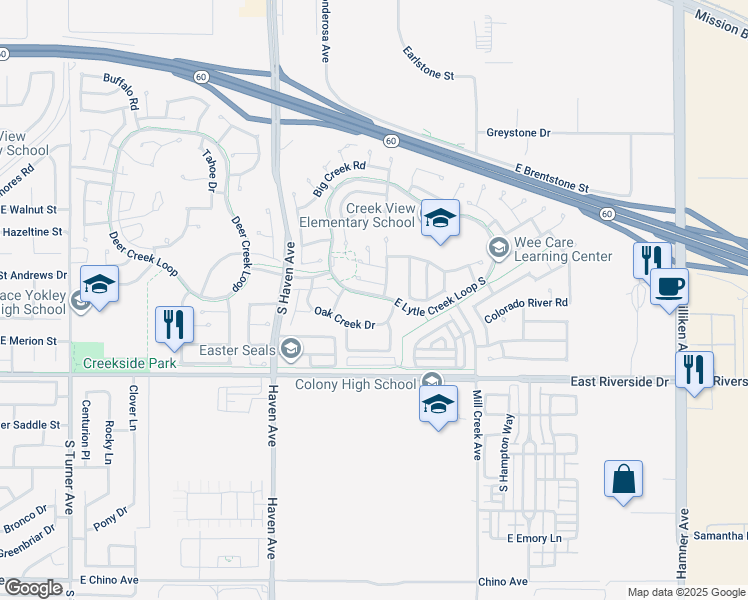 map of restaurants, bars, coffee shops, grocery stores, and more near 3664 Lytle Creek Loop in Ontario
