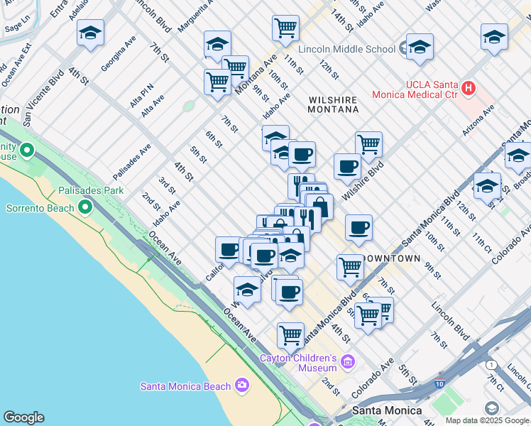 map of restaurants, bars, coffee shops, grocery stores, and more near 490 California Avenue in Santa Monica