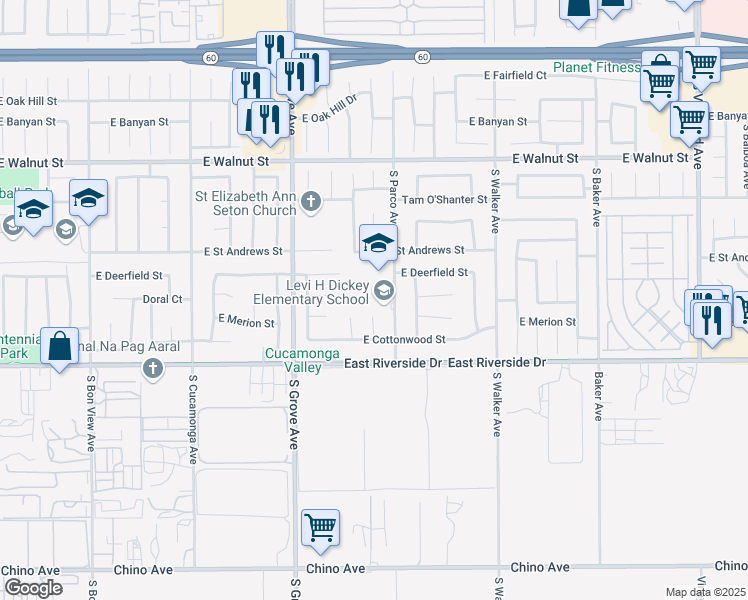 map of restaurants, bars, coffee shops, grocery stores, and more near 2840 South Parco Avenue in Ontario