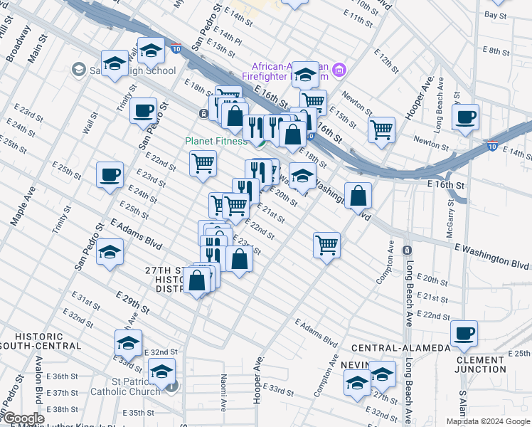 map of restaurants, bars, coffee shops, grocery stores, and more near 1328 East 21st Street in Los Angeles