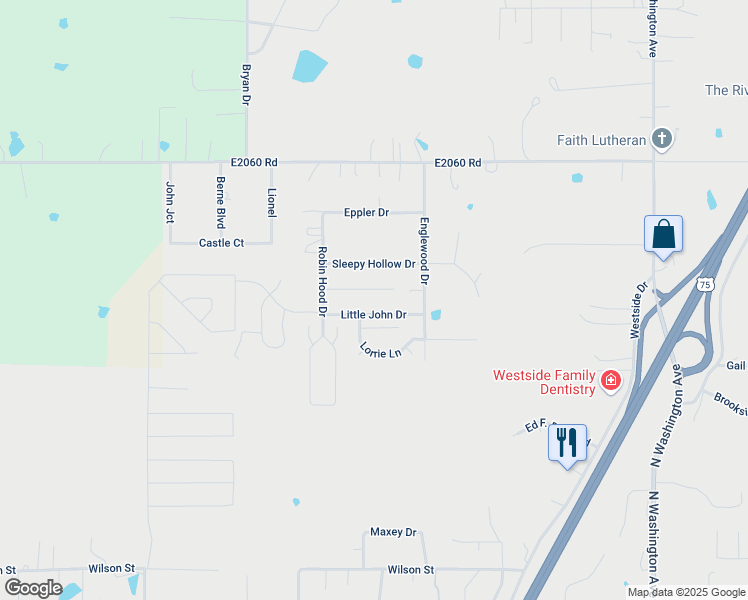 map of restaurants, bars, coffee shops, grocery stores, and more near 2710 Little John Drive in Durant
