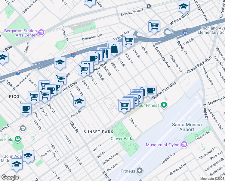 map of restaurants, bars, coffee shops, grocery stores, and more near 2417 28th Street in Santa Monica