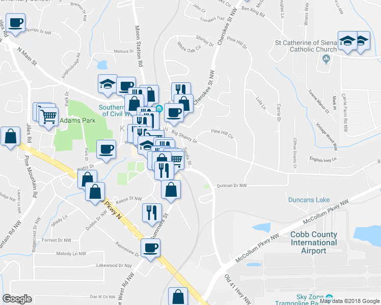map of restaurants, bars, coffee shops, grocery stores, and more near 2790-A-B Sardis Street in Kennesaw