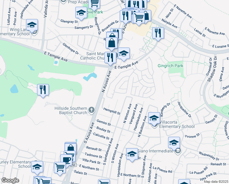 map of restaurants, bars, coffee shops, grocery stores, and more near 17350 Temple Avenue in La Puente
