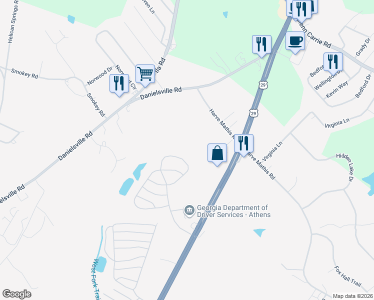 map of restaurants, bars, coffee shops, grocery stores, and more near 1495 U.S. 29 in Athens