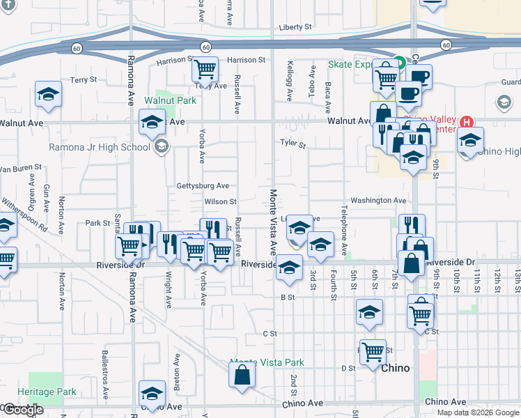 map of restaurants, bars, coffee shops, grocery stores, and more near 4862 Lincoln Avenue in Chino