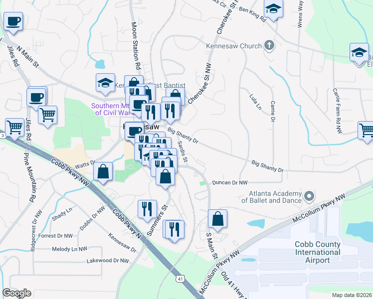 map of restaurants, bars, coffee shops, grocery stores, and more near 2771 Sardis Street in Kennesaw