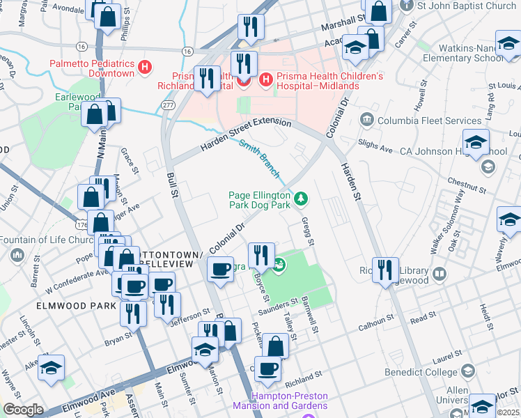 map of restaurants, bars, coffee shops, grocery stores, and more near 2715 Colonial Drive in Columbia