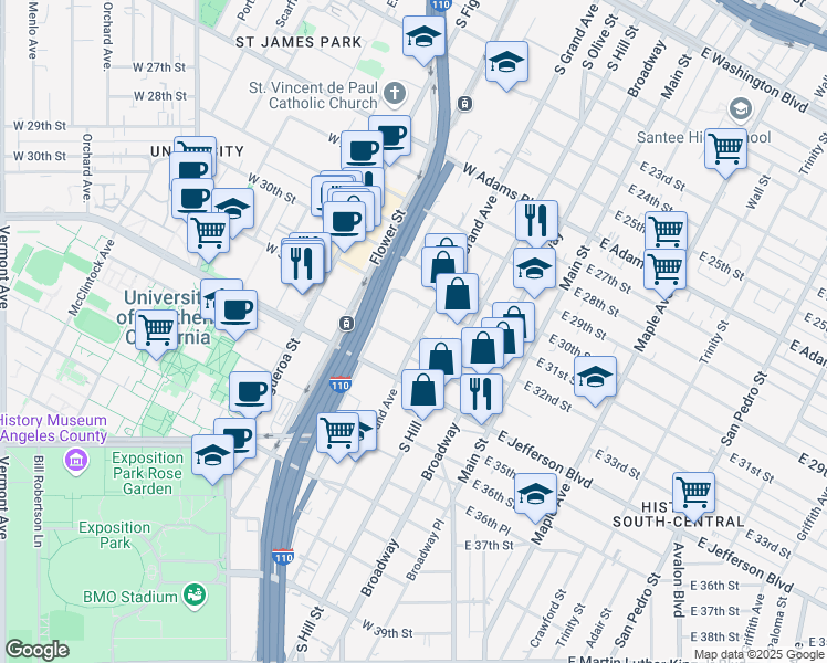 map of restaurants, bars, coffee shops, grocery stores, and more near 3123 South Grand Avenue in Los Angeles