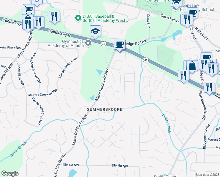 map of restaurants, bars, coffee shops, grocery stores, and more near 2710 Brookefield Lane in Kennesaw