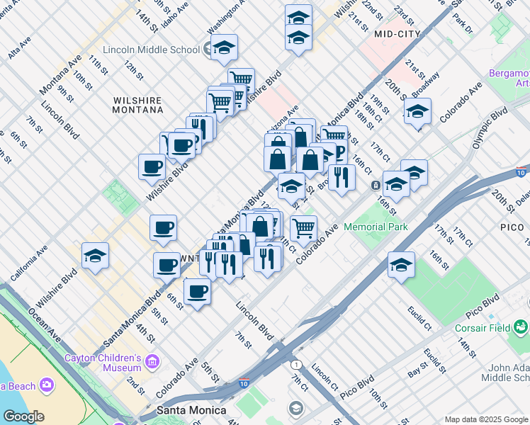 map of restaurants, bars, coffee shops, grocery stores, and more near 1448 12th Street in Santa Monica
