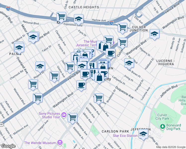 map of restaurants, bars, coffee shops, grocery stores, and more near 9901 Washington Boulevard in Culver City