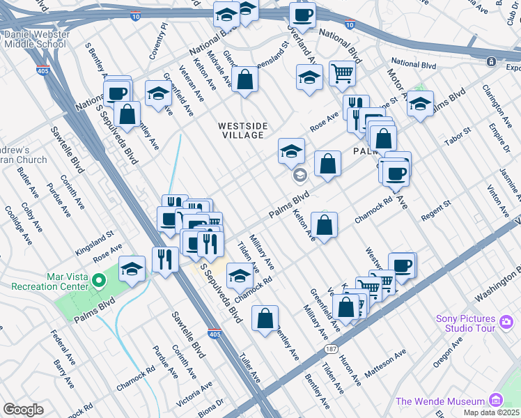 map of restaurants, bars, coffee shops, grocery stores, and more near 3467 Greenfield Avenue in Los Angeles