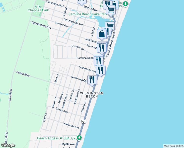 map of restaurants, bars, coffee shops, grocery stores, and more near 1206 Bowfin Lane in Carolina Beach