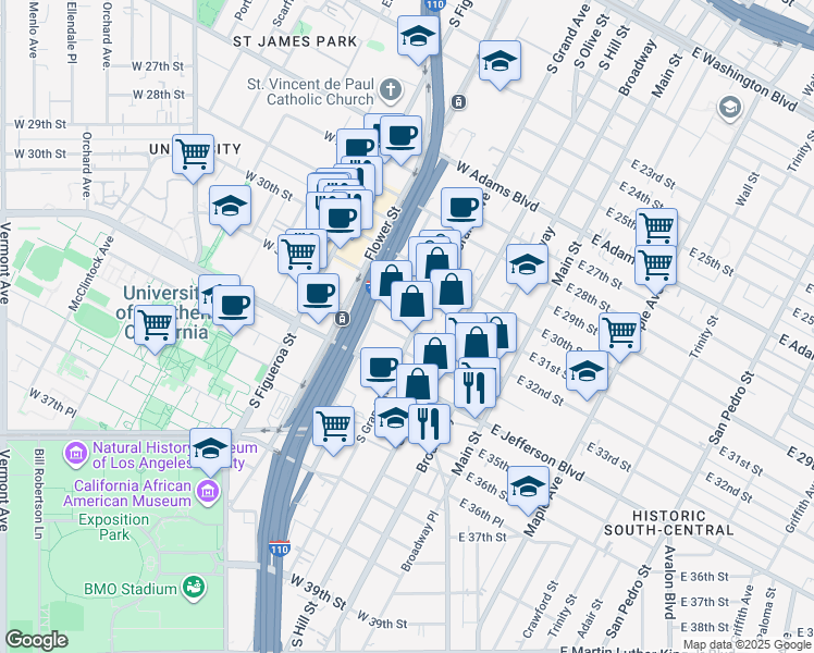 map of restaurants, bars, coffee shops, grocery stores, and more near 3123 South Grand Avenue in Los Angeles