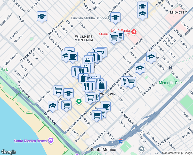 map of restaurants, bars, coffee shops, grocery stores, and more near 1264 Lincoln Court in Santa Monica