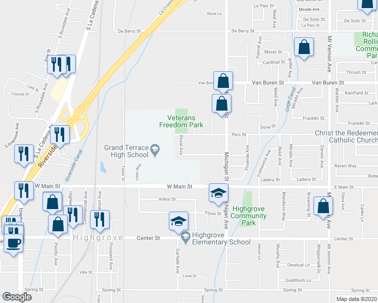 map of restaurants, bars, coffee shops, grocery stores, and more near 21954 Tanager Street in Grand Terrace