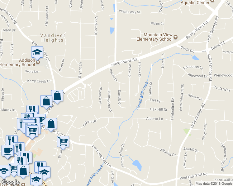 map of restaurants, bars, coffee shops, grocery stores, and more near 2541 Danielle Court in Marietta