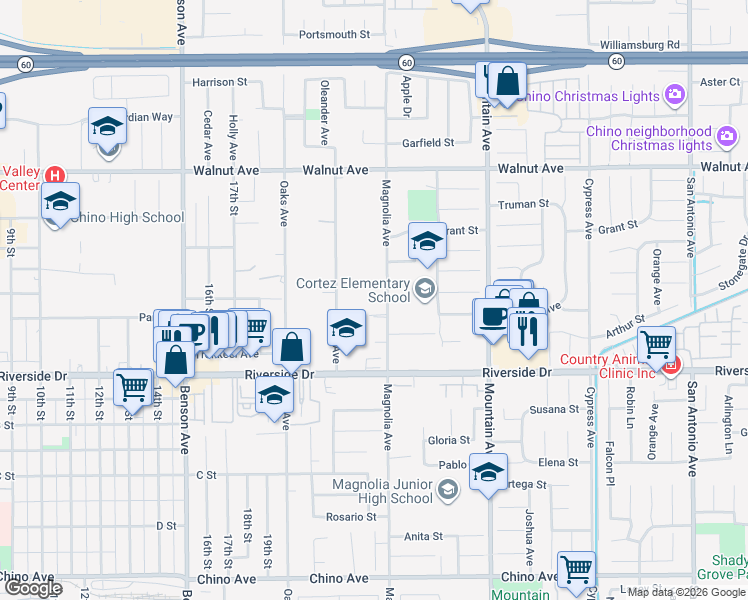 map of restaurants, bars, coffee shops, grocery stores, and more near 12758 Magnolia Avenue in Chino