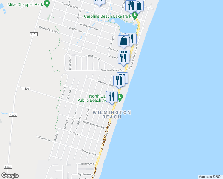 map of restaurants, bars, coffee shops, grocery stores, and more near 1206 Bowfin Lane in Carolina Beach