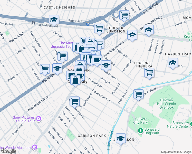 map of restaurants, bars, coffee shops, grocery stores, and more near 4071 Irving Place in Culver City