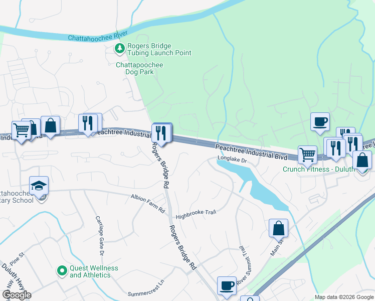 map of restaurants, bars, coffee shops, grocery stores, and more near 4105 Longlake Drive in Duluth
