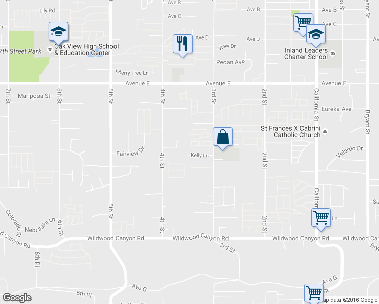 map of restaurants, bars, coffee shops, grocery stores, and more near 34602 Kelly Lane in Yucaipa