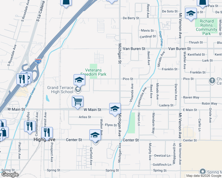 map of restaurants, bars, coffee shops, grocery stores, and more near 22042 Tanager Street in Grand Terrace