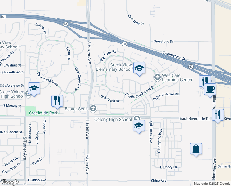 map of restaurants, bars, coffee shops, grocery stores, and more near 3664 Lytle Creek Loop in Ontario