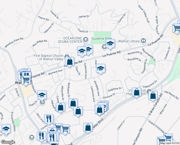 map of restaurants, bars, coffee shops, grocery stores, and more near 428 Carbonia Avenue in Walnut