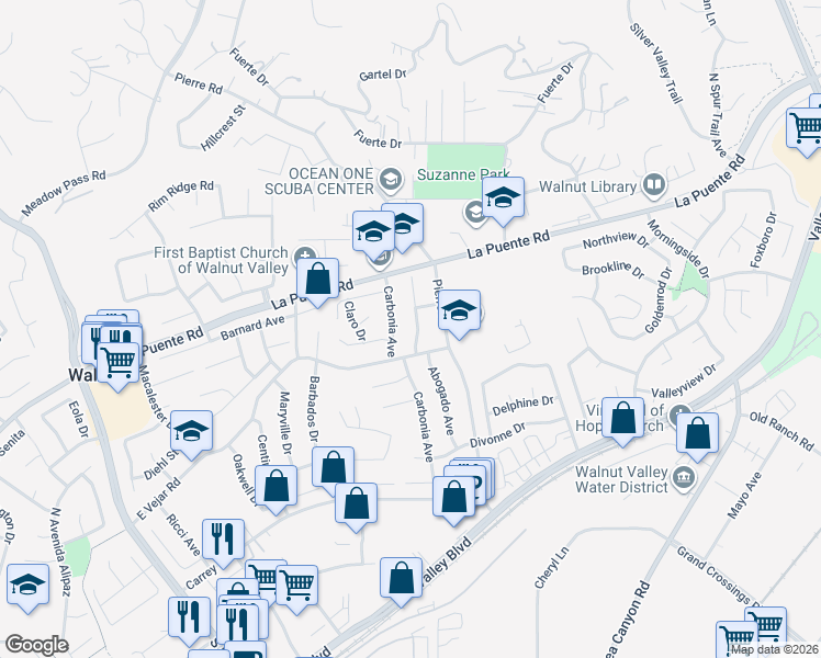 map of restaurants, bars, coffee shops, grocery stores, and more near 428 Carbonia Avenue in Walnut