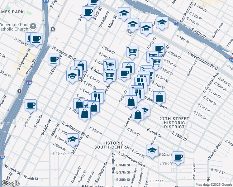 map of restaurants, bars, coffee shops, grocery stores, and more near 456 East 27th Street in Los Angeles
