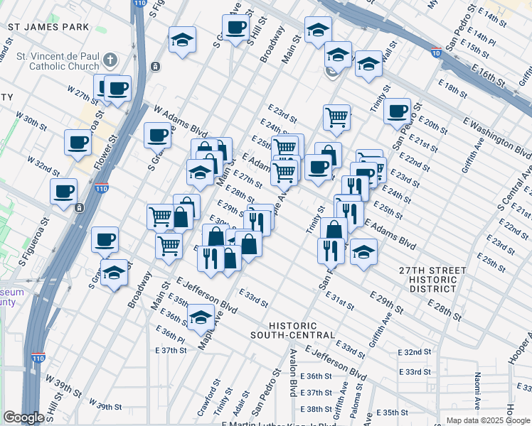 map of restaurants, bars, coffee shops, grocery stores, and more near 249 East 29th Street in Los Angeles