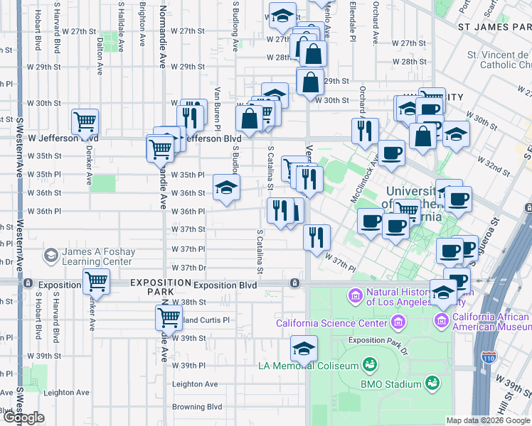 map of restaurants, bars, coffee shops, grocery stores, and more near in Los Angeles